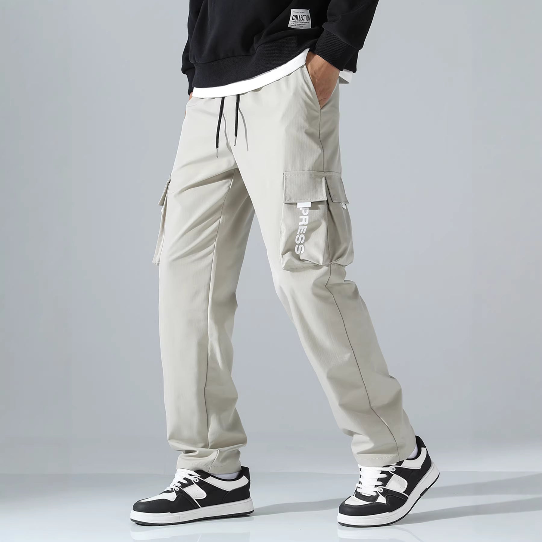Men's cargo joggers with elastic waistband, side flap & zipper pockets Chichicherry