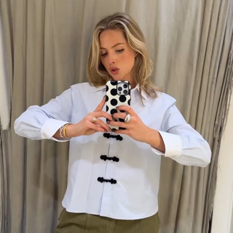 Women’s short cut poplin shirt blouse with stand-up collar and decorative cord knot closures Chichicherry