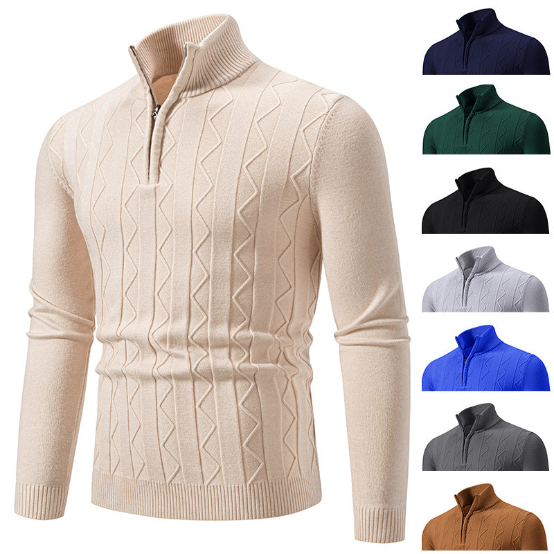 Men Slim-Fit Half-Zip Knit Sweater with Mock Neck, Cable Knit Pattern and Ribbed Cuffs Chichicherry