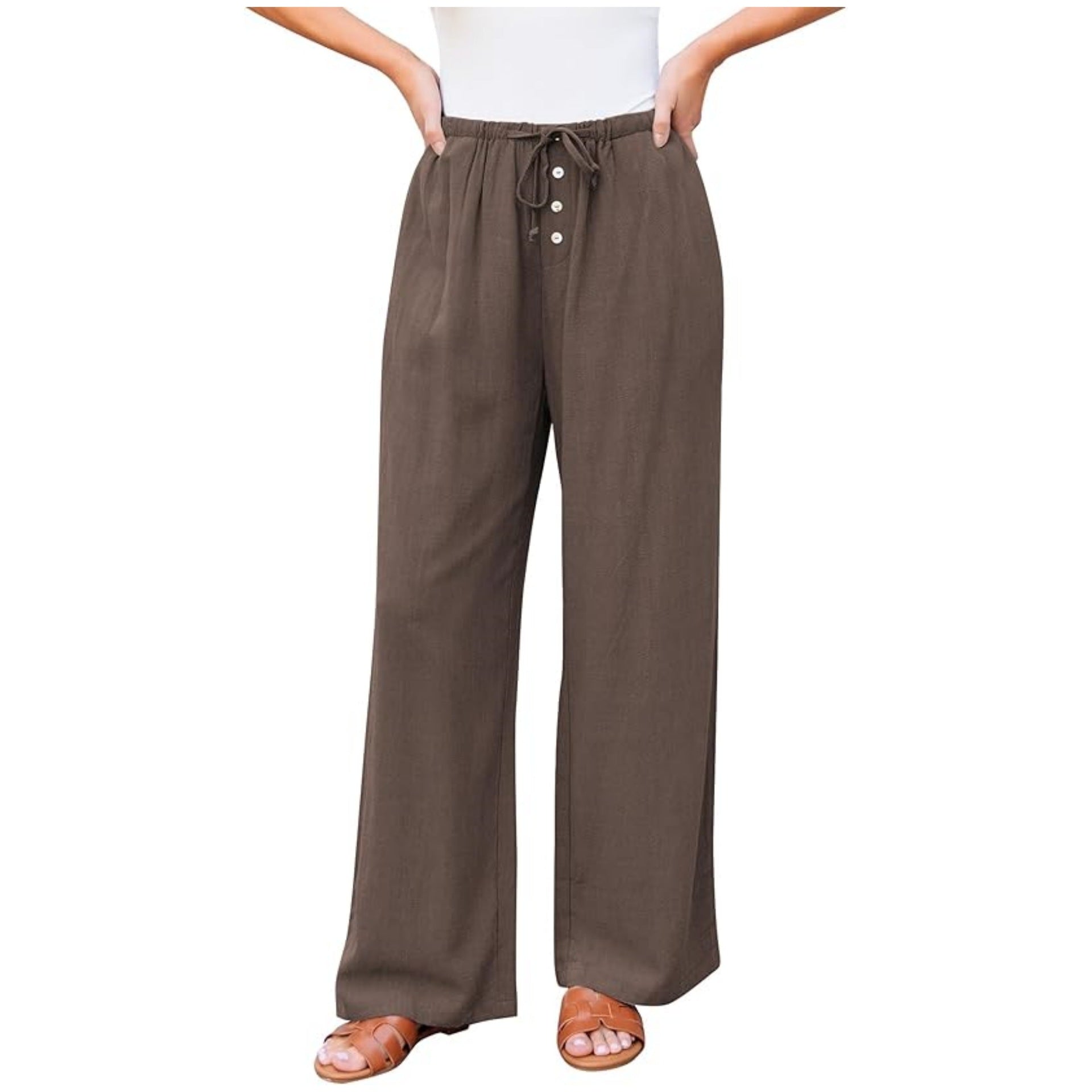 Women Linen-Look Pants with Wide Leg, Elastic Waist, Drawstring and Button Detail Chichicherry