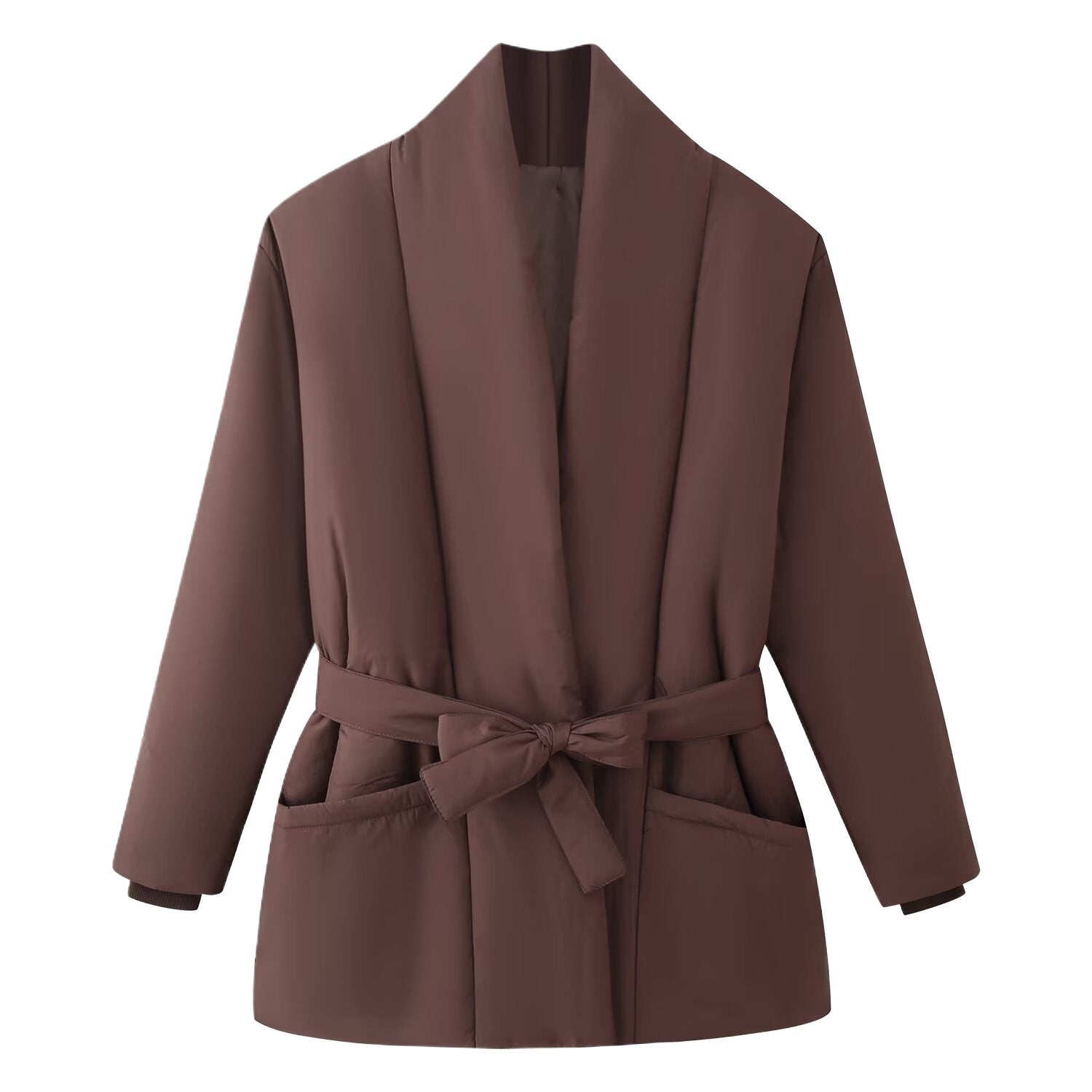 Women's short quilted coat with shawl collar, waist belt and patch pockets Chichicherry