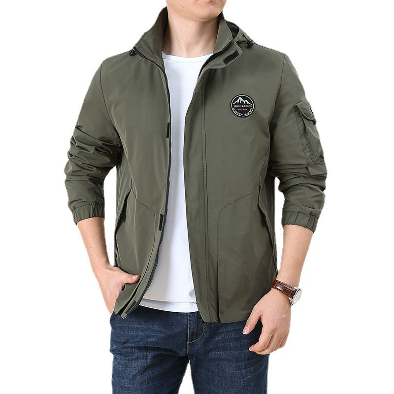 Men's Lightweight Hooded Softshell Jacket in Urban Outdoor Style with Arm Pocket and Elastic Cuffs
