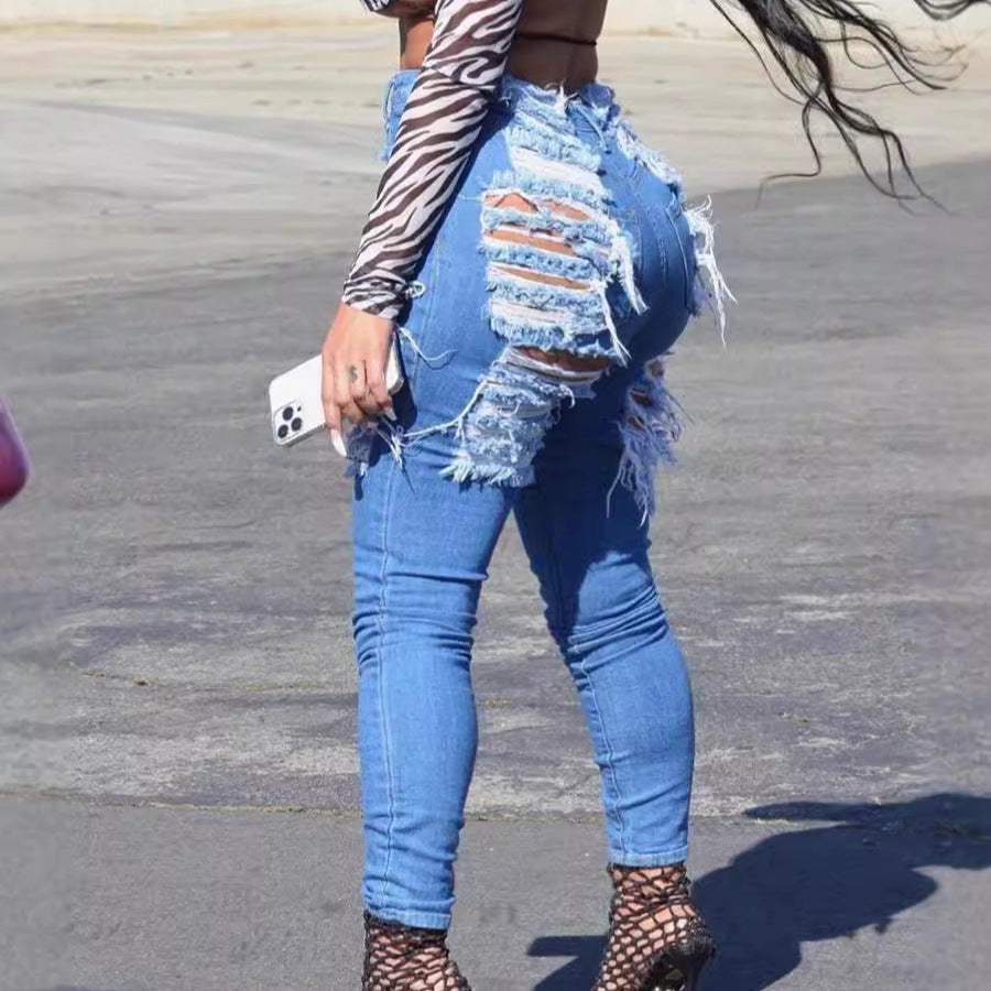 Women's high-waisted skinny jeans with intense fringe and slit details Chichicherry