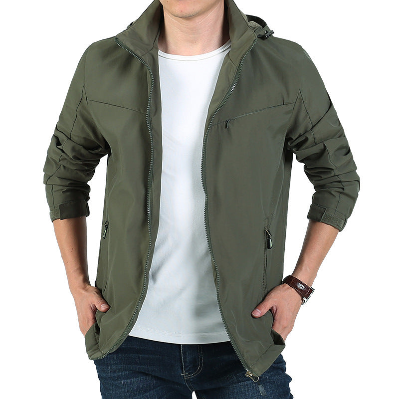 Men's lightweight functional hooded blouse with windproof shell, concealed zipper, and multi-pocket design.