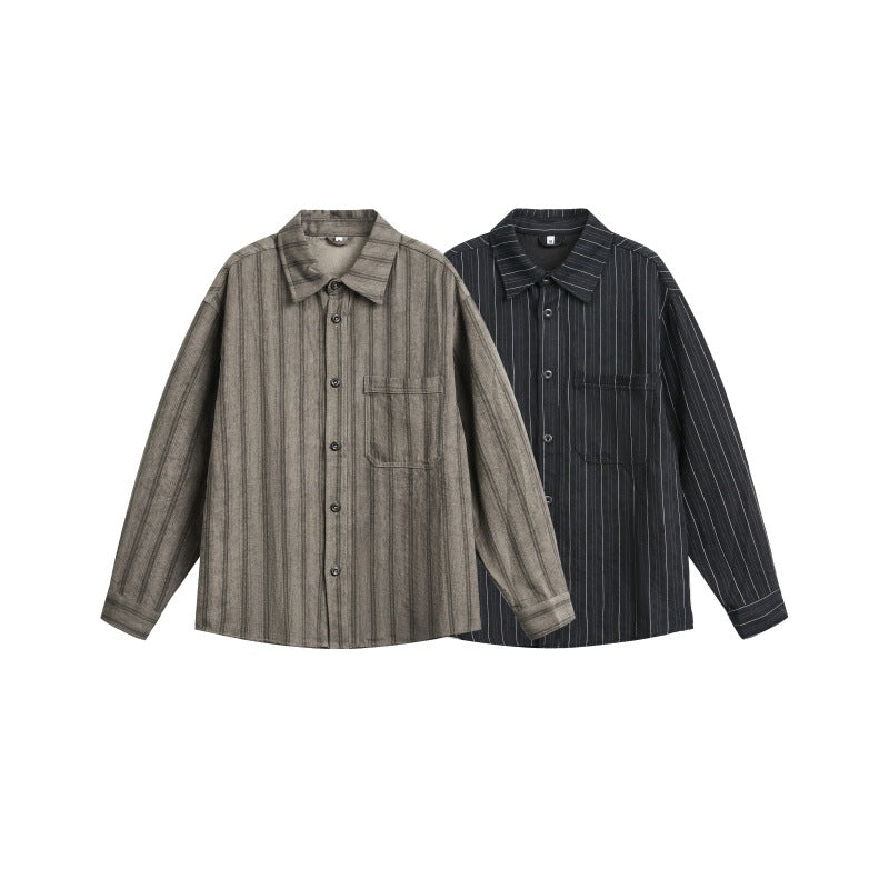 Men's Loose Shirt Jacket with Vertical Pinstripes and Applied Chest Pocket Chichicherry