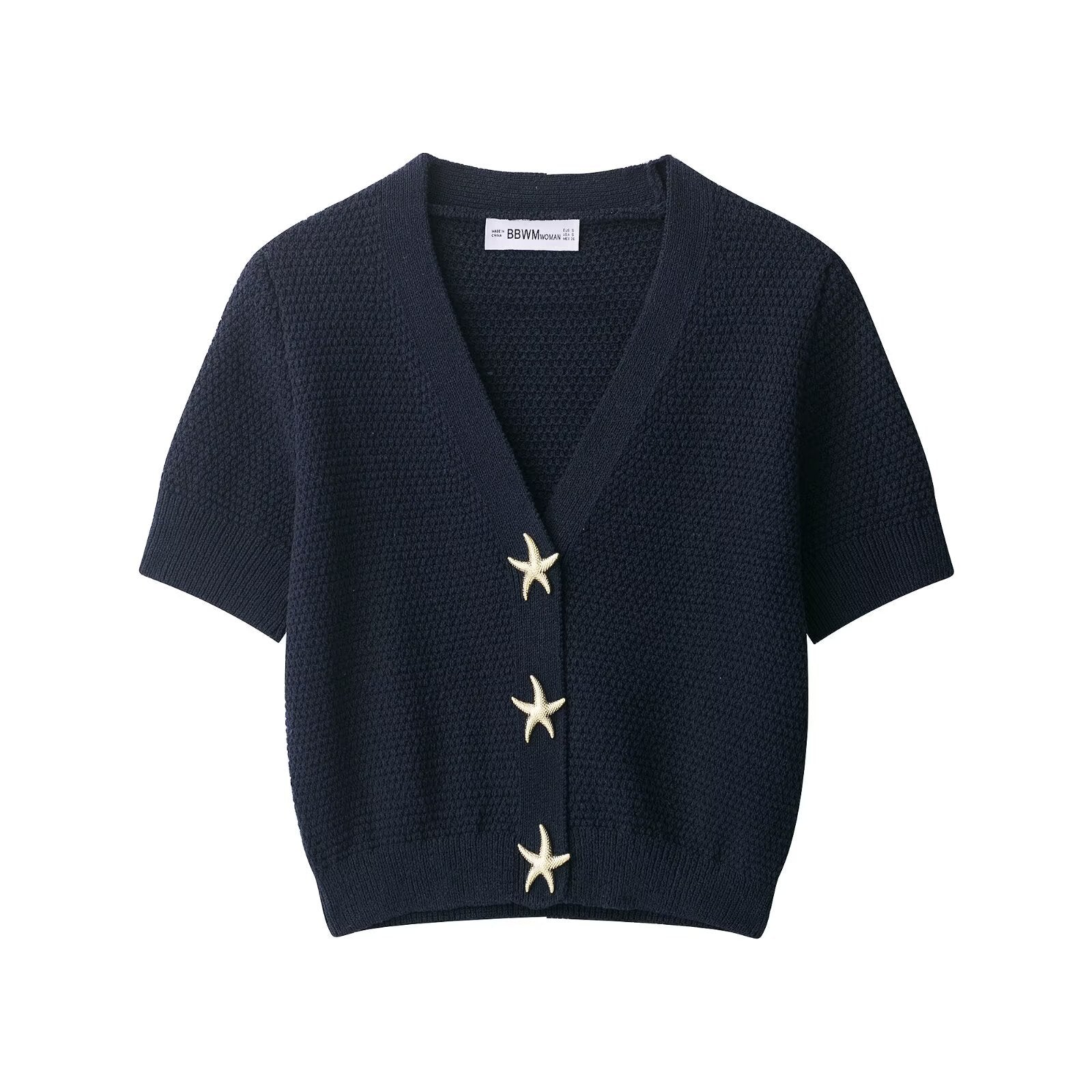 Women's Short-Sleeved Textured Knit Cardigan with V-Neck and Starfish Buttons Chichicherry