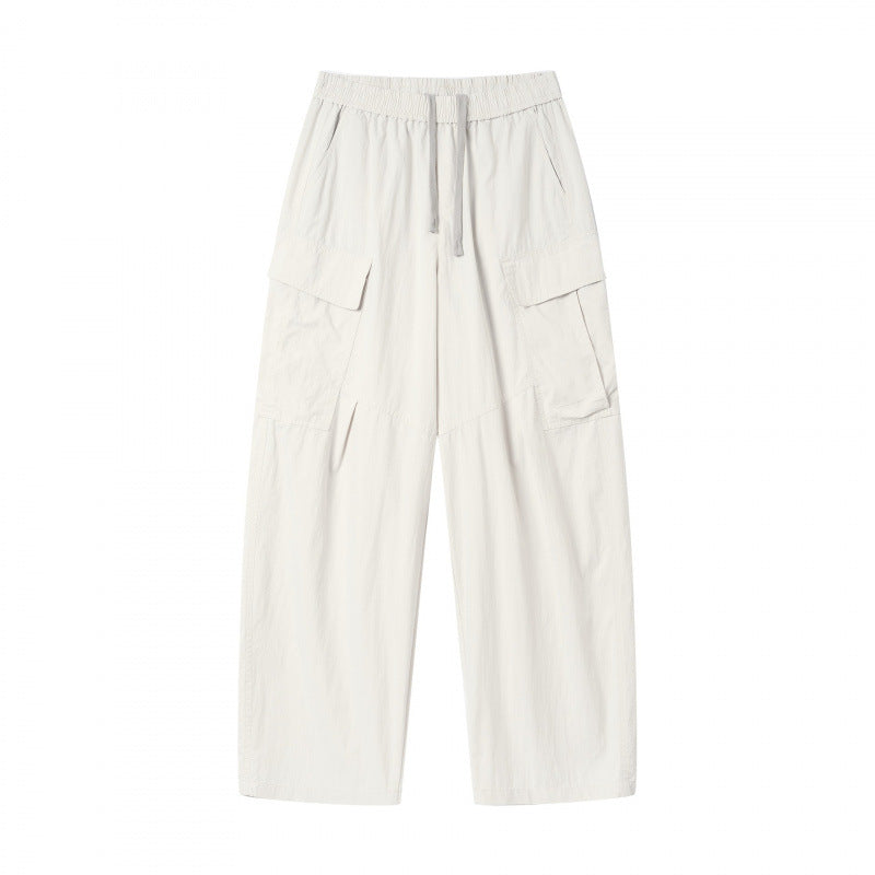 Unisex Wide Cargo Pants with Elastic Waistband, Drawstring and Patch Flap Pockets Chichicherry