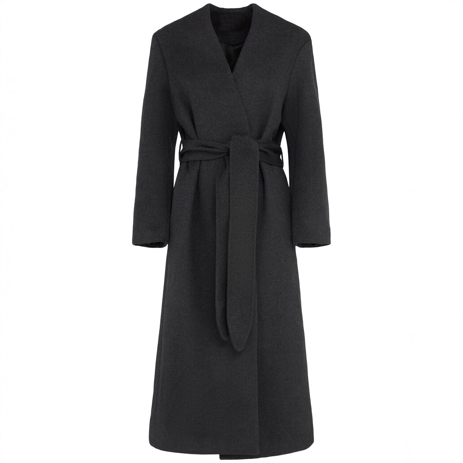 Women's Long Wool Coat with Tie Belt and V-Neck Chichicherry