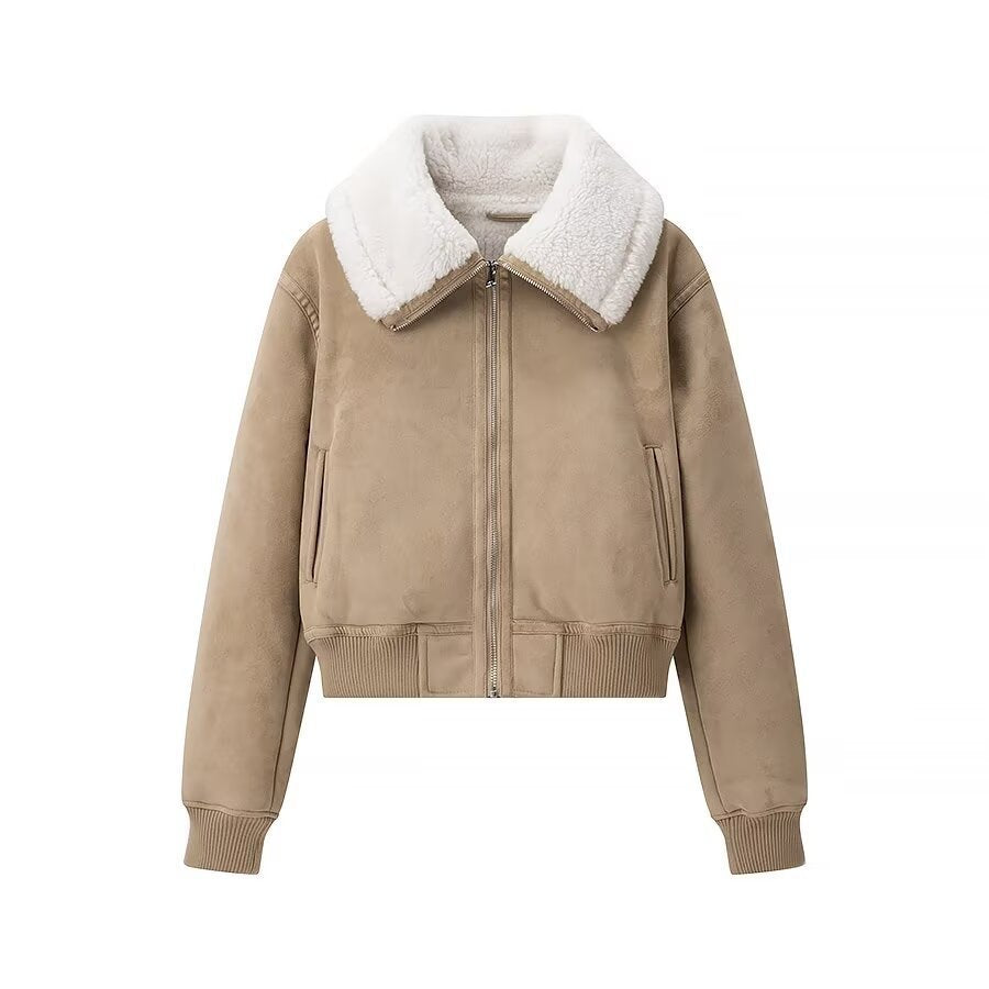 Ladies bomber jacket made of suede imitation with teddy lining and large shawl collar Chichicherry