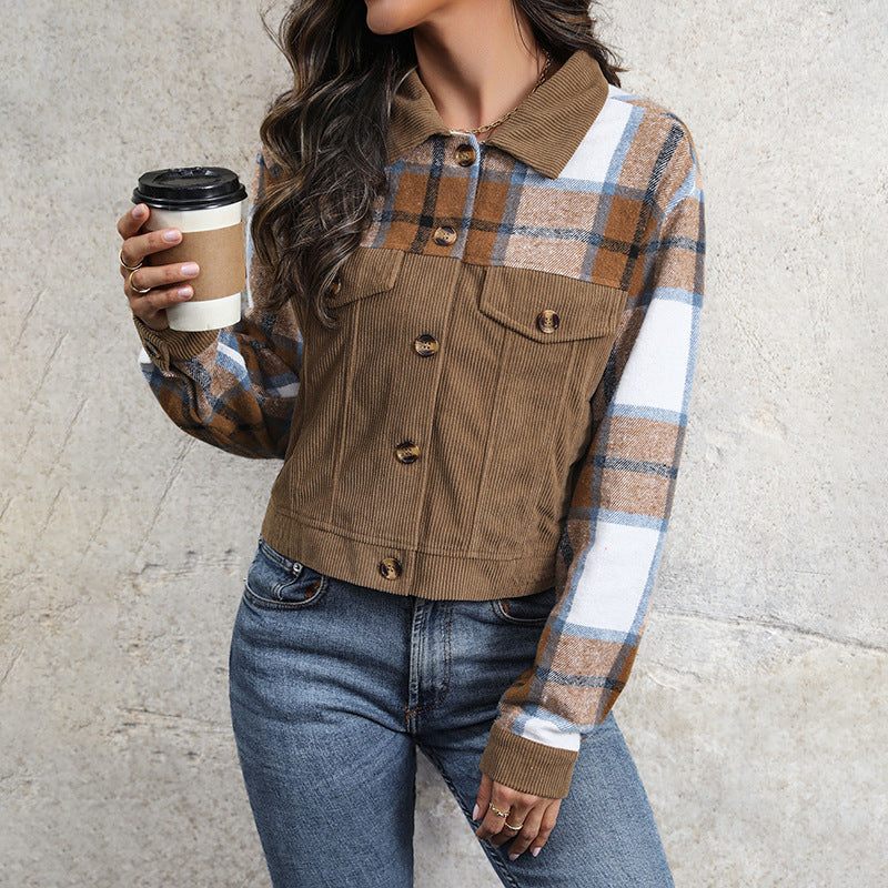 Ladies Short Jacket Cord and Check Mix with Buttons & Breast Pockets Chichicherry