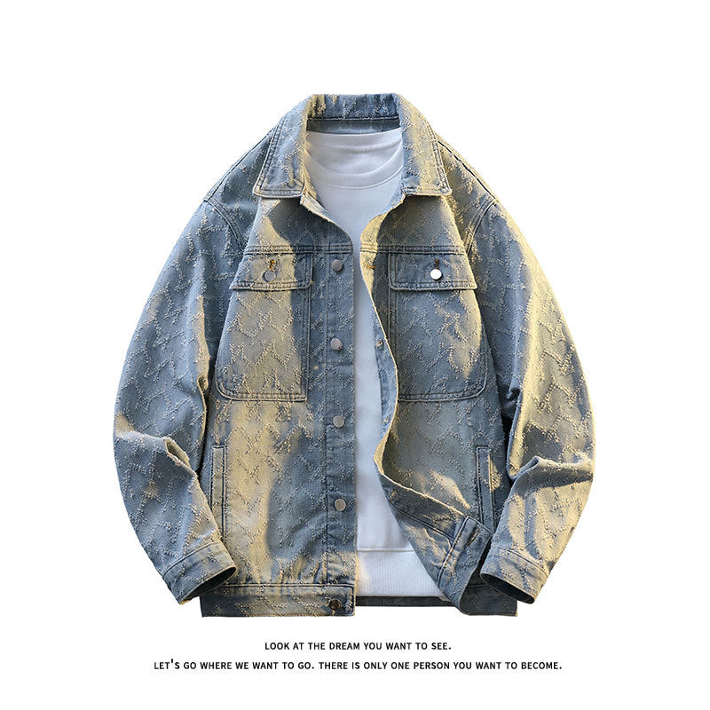 Men's Oversize Denim Jacket with Quilted Allover Pattern and Chest Pockets Chichicherry