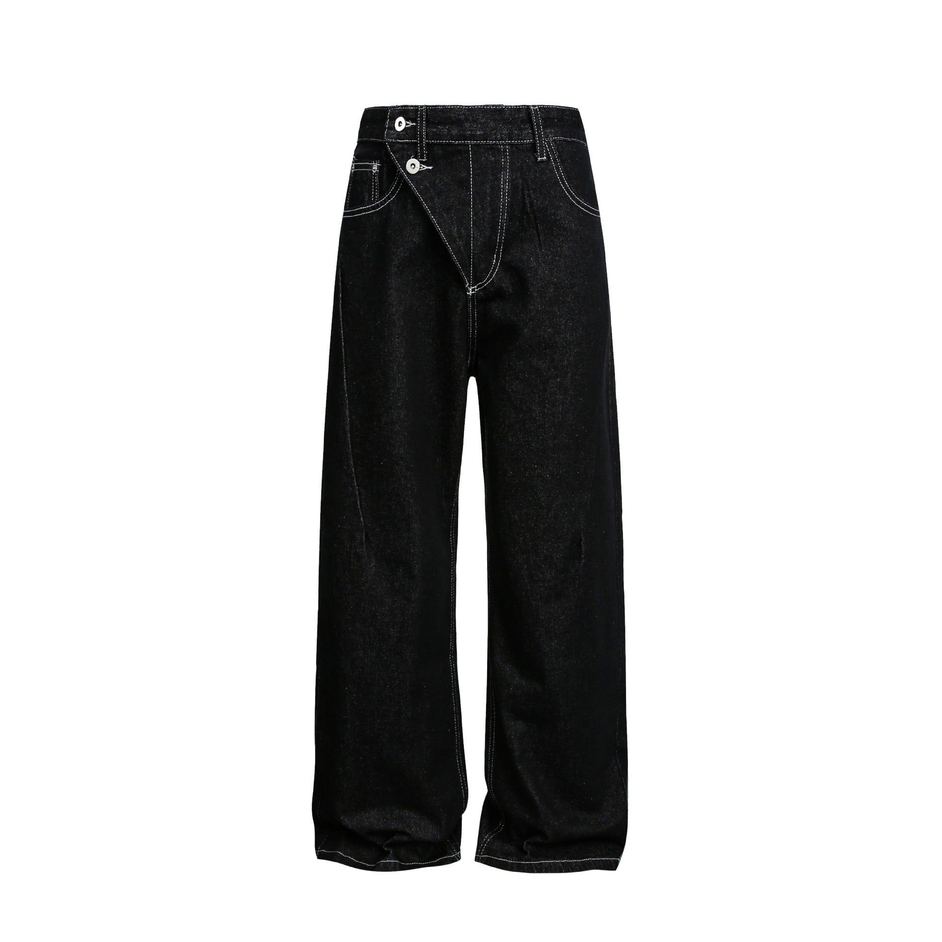Women's Wide High-Waist Jeans with Asymmetrical Button Closure and Contrast Stitching Chichicherry