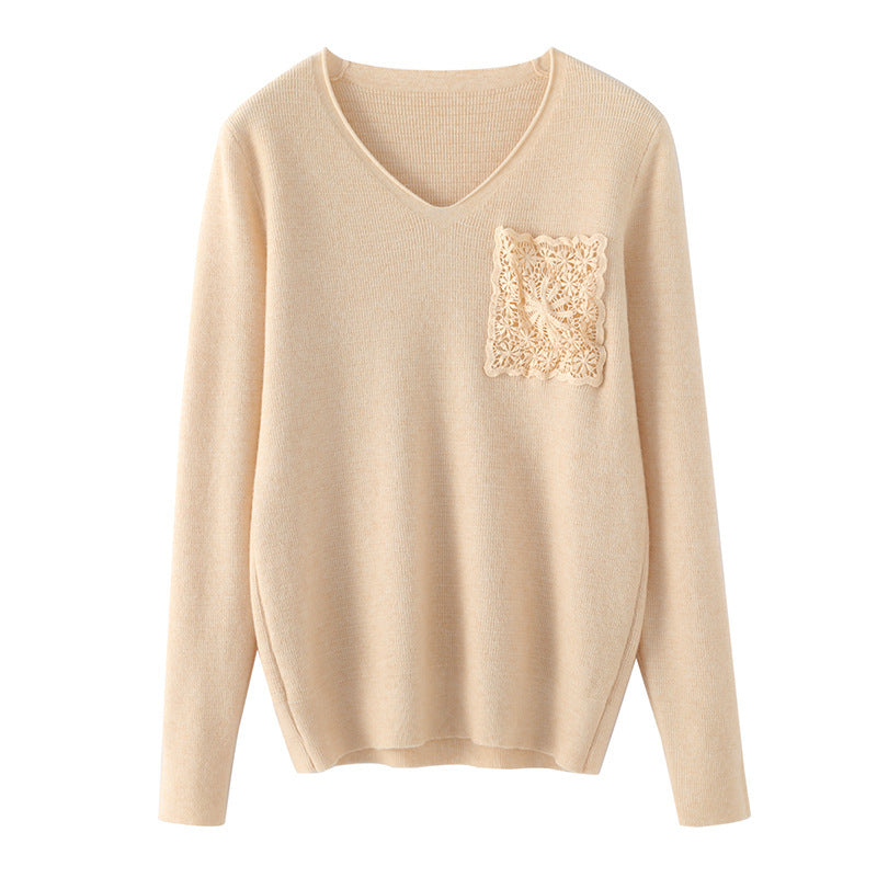 Women's Cashmere-Optic V-Neck Sweater with Floral Crochet Application Chichicherry