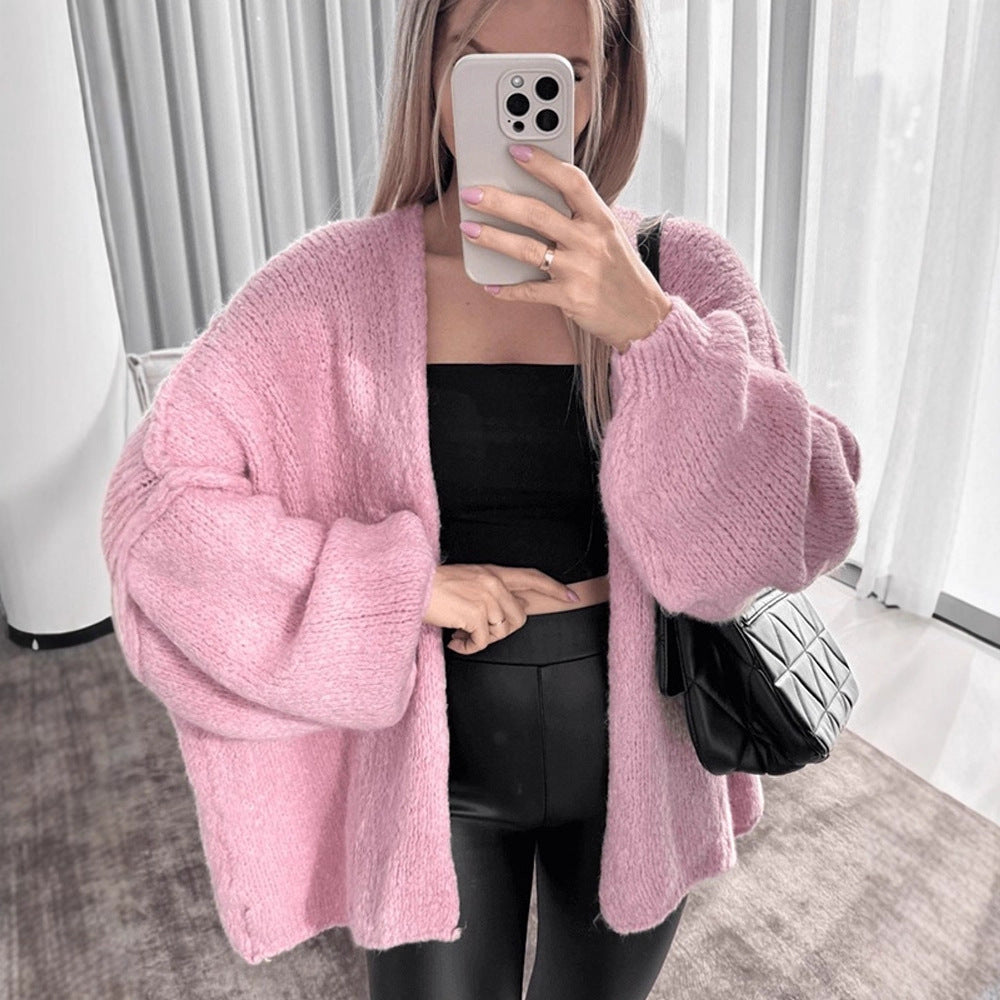 Women's Oversize Knit Cardigan with Voluminous Balloon Sleeves and Teddy-like Texture Chichicherry