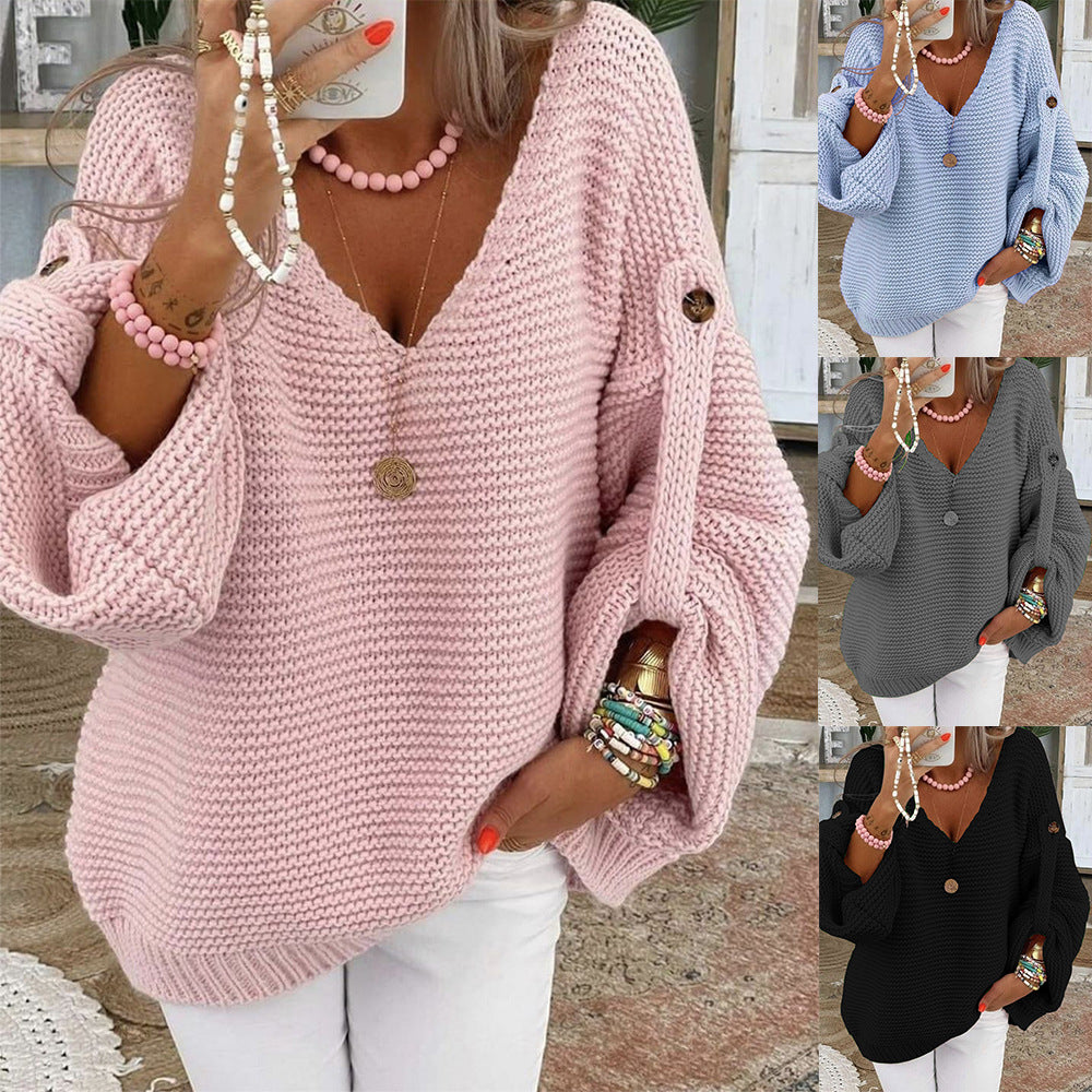 Women loose knit sweater with V-neck, balloon sleeves and button detail Chichicherry