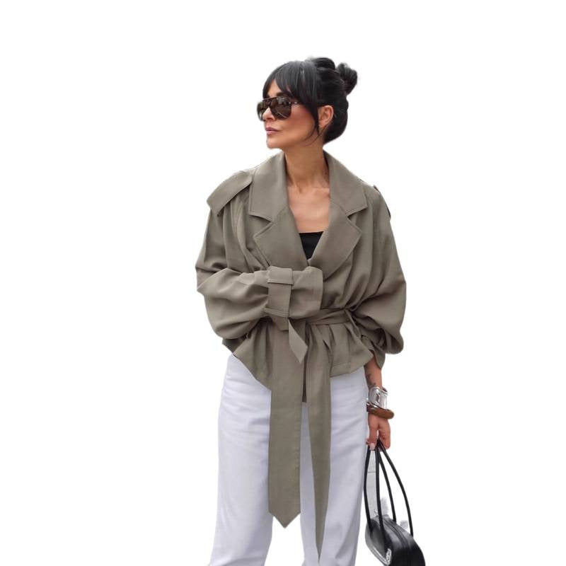 Women’s oversized trench jacket in cropped cut with tie belt, dropped shoulders, and balloon sleeves Chichicherry