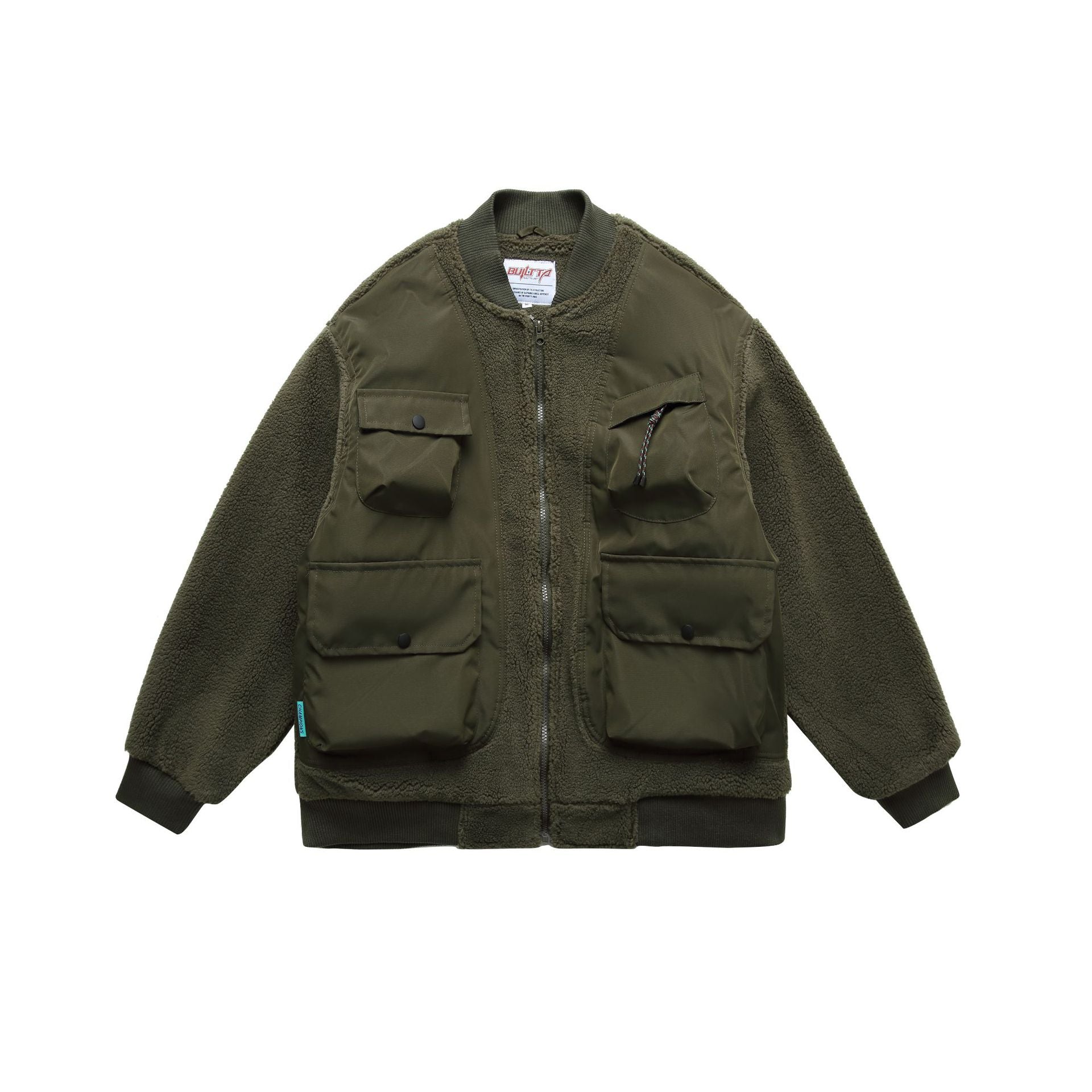 Men's Teddy Fleece Bomber Jacket with Utility Pockets and Nylon Inserts Chichicherry