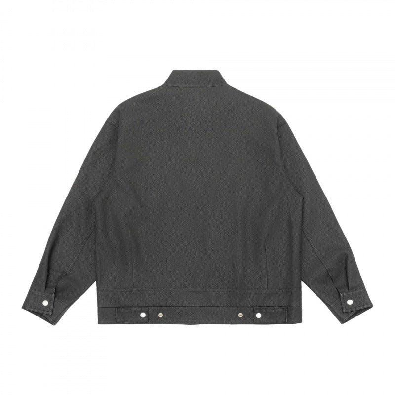 Unisex Boxy Shirt Jacket in Worker Style with Stand Collar, Front Zipper and Flap Pockets Chichicherry