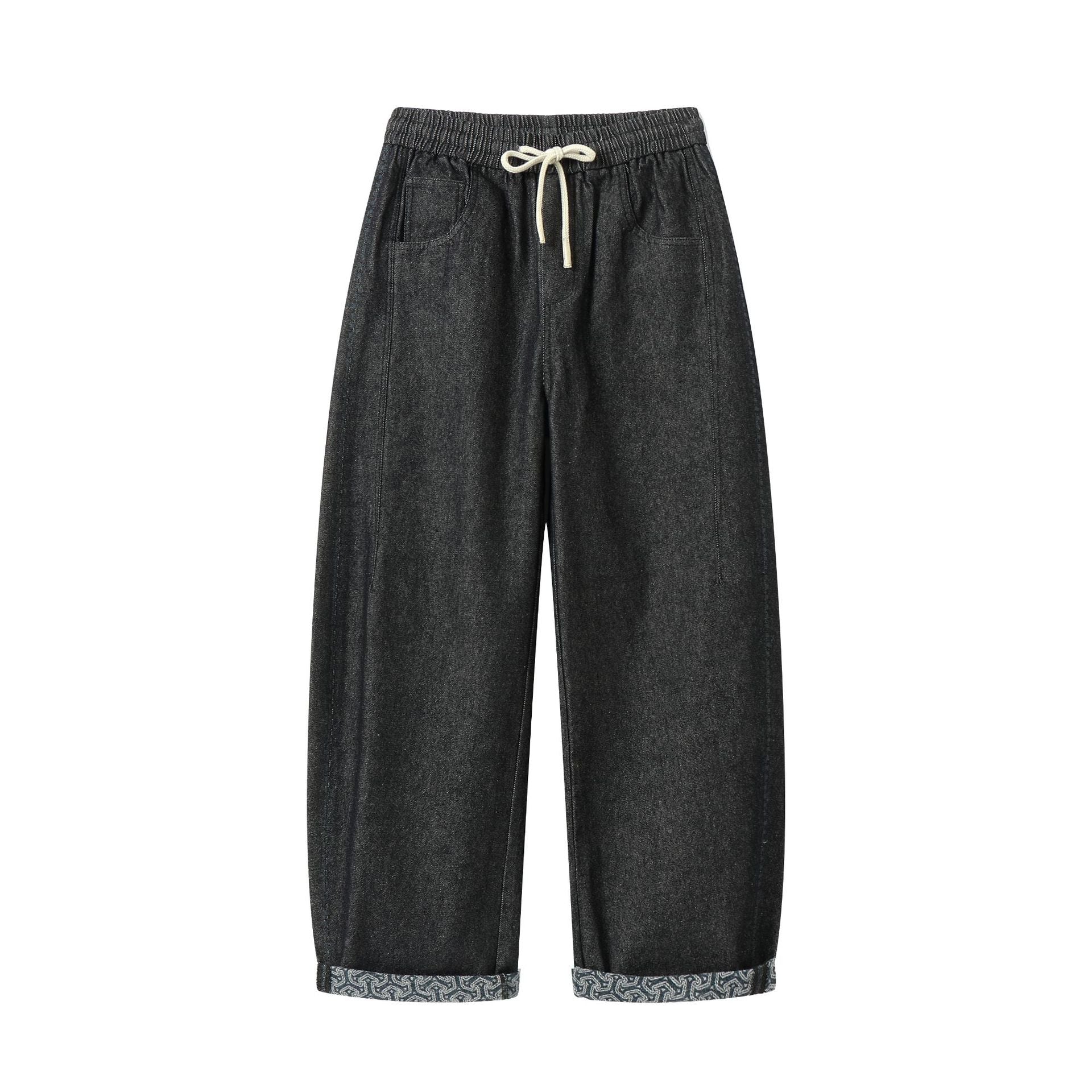 Women's culotte jeans with elastic drawstring waistband and patterned cuff