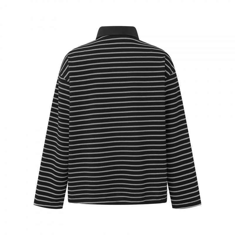 Unisex Long Sleeve Polo Shirt in Oversized Cut made from Cotton Jersey with Stripes and Henley Button Placket Chichicherry