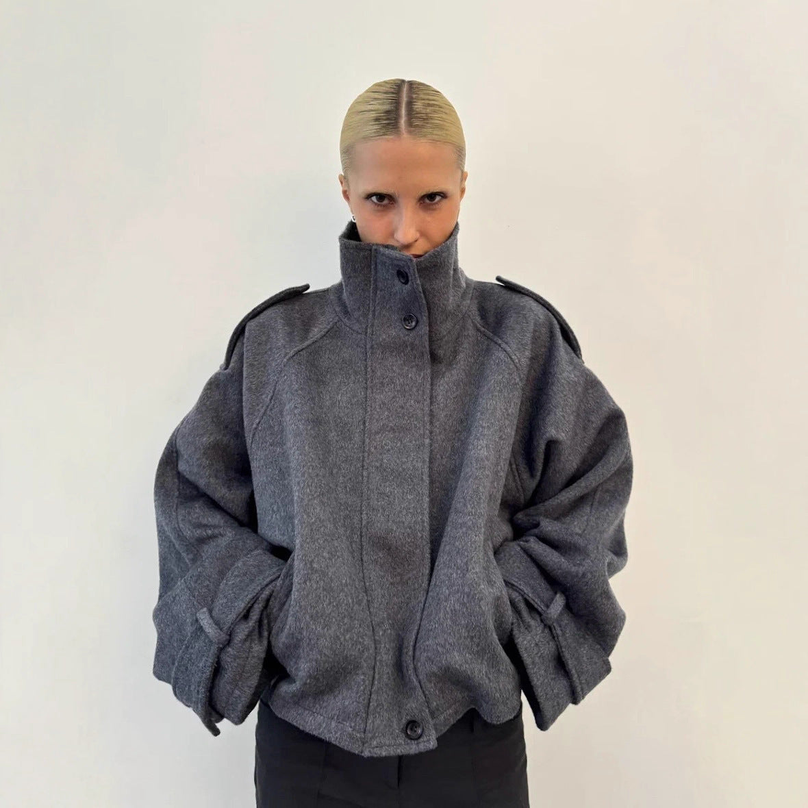 Women's Short Oversize Wool Jacket with Stand-up Collar and Epaulets Chichicherry