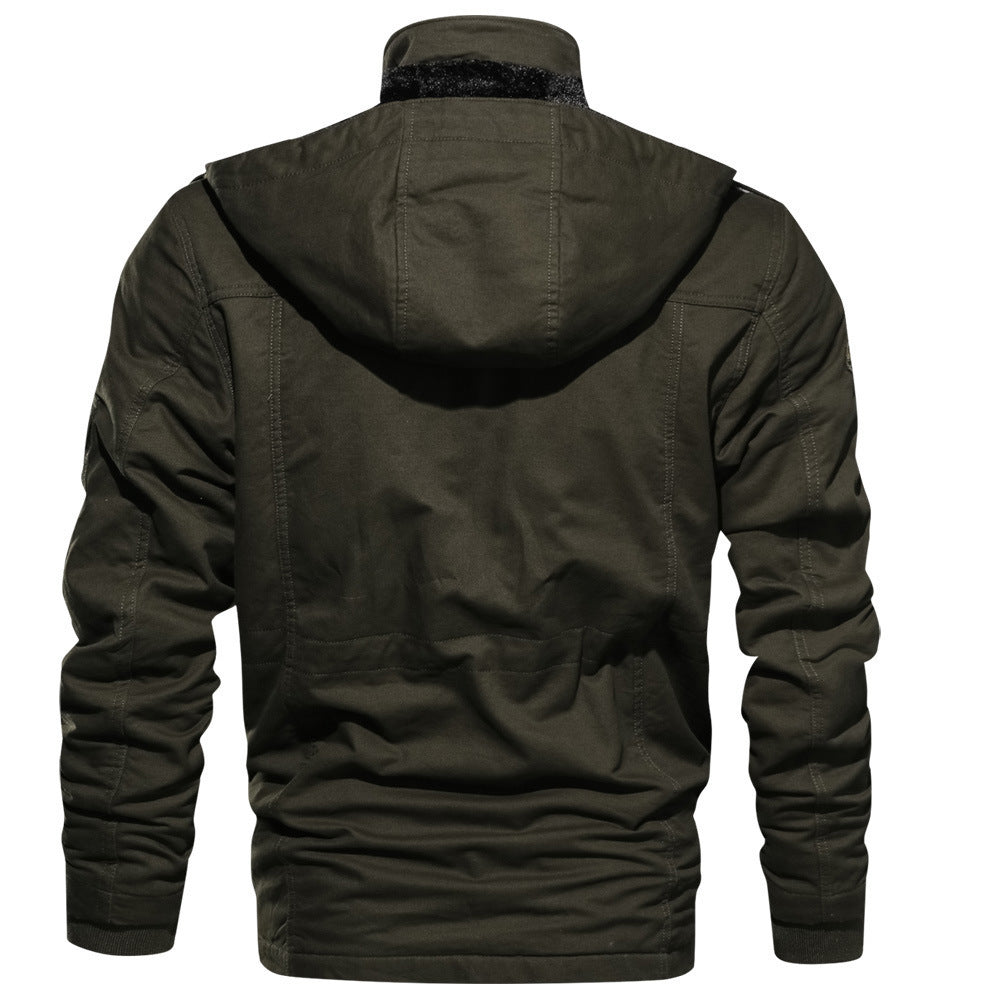 Men's multifunctional canvas field jacket with teddy fleece lining, hood, and utility pockets Chichicherry