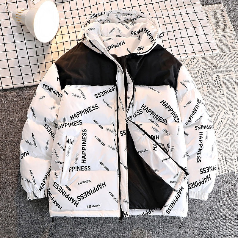 Men's Printed Padded Hooded Jacket with Contrasting Shoulder Yoke and Drawstring Chichicherry
