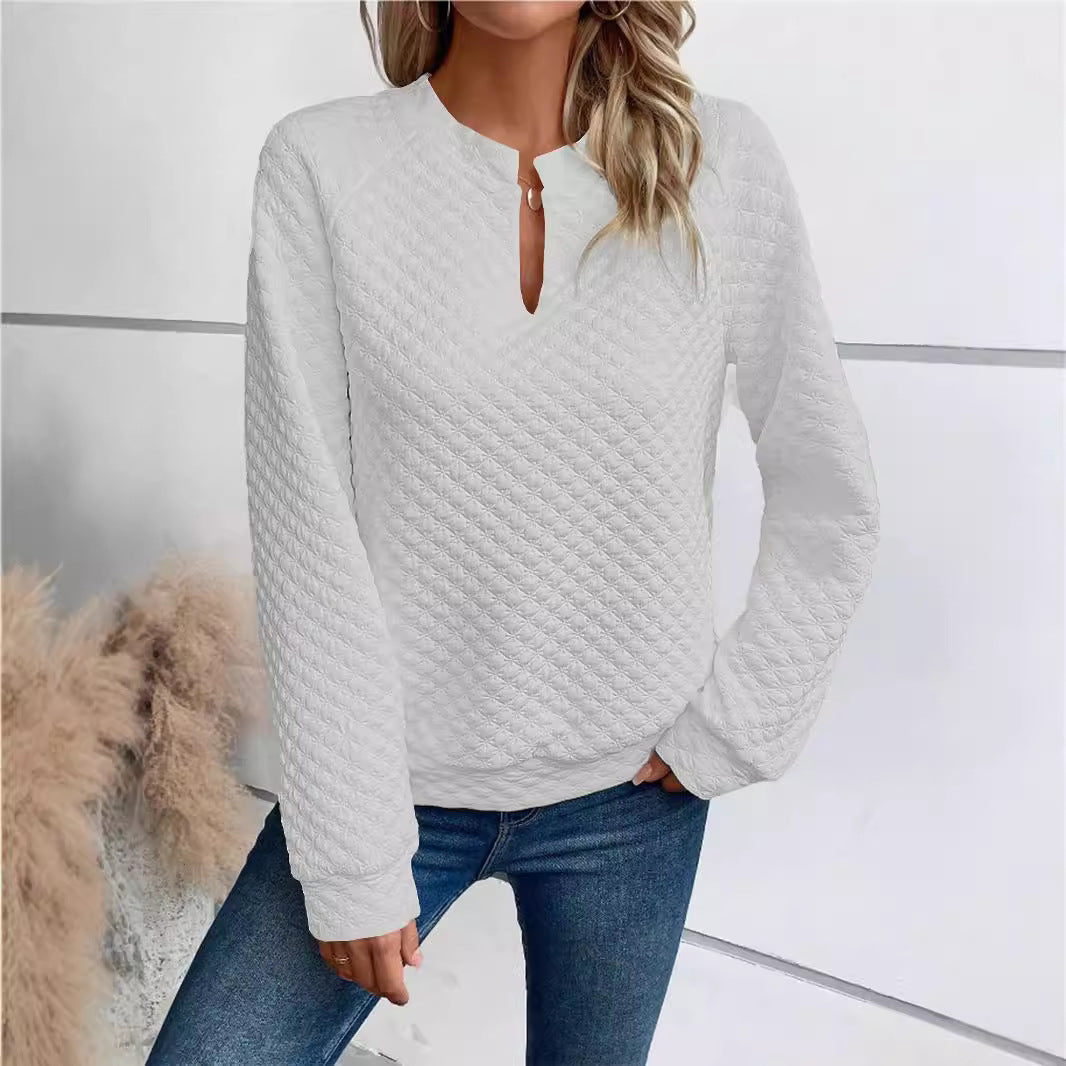 Women Quilted Cozy Sweater with Slit Collar Chichicherry