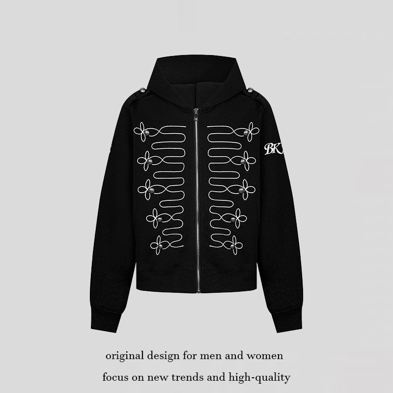 Women's hooded sweatshirt jacket with decorative frogging embroidery and pearl buttons Chichicherry