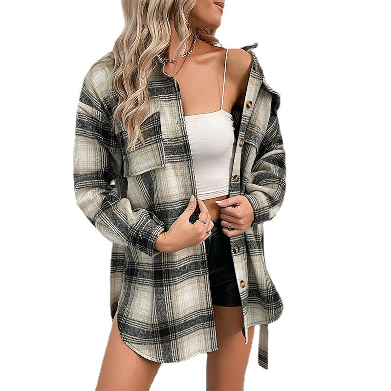 Women Checked Longline Shirt Coat with Button Placket and Waist Belt Chichicherry