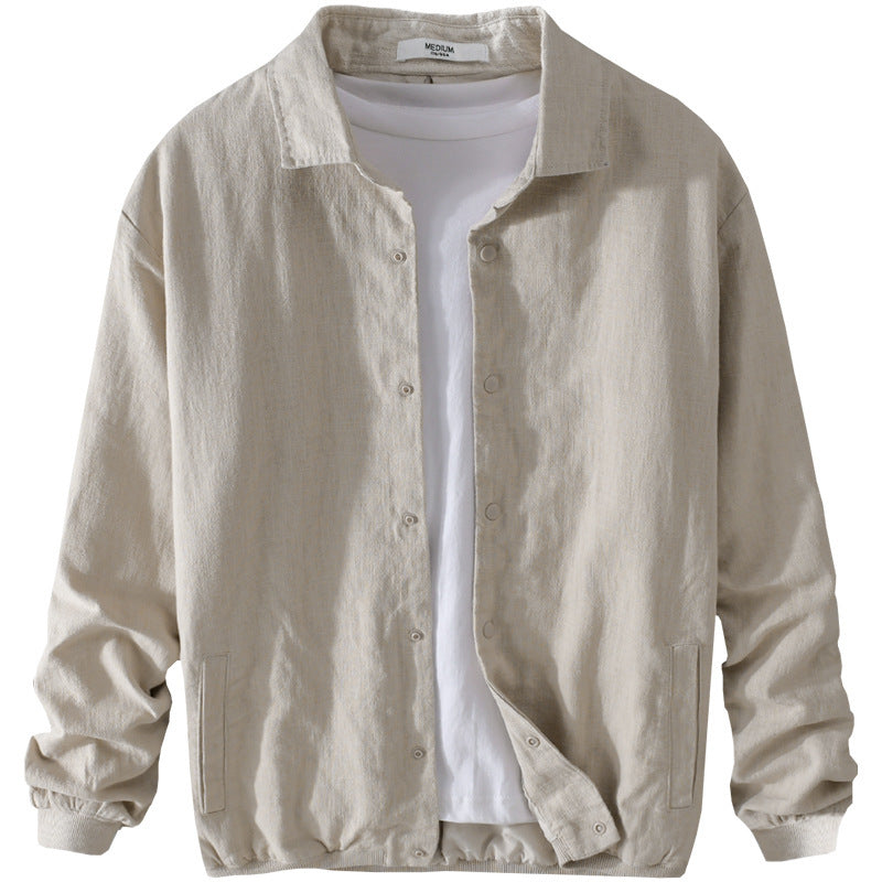 Men's Lightweight Linen Jacket with Shirt Collar, Relaxed Fit and Snap Button Placket Chichicherry