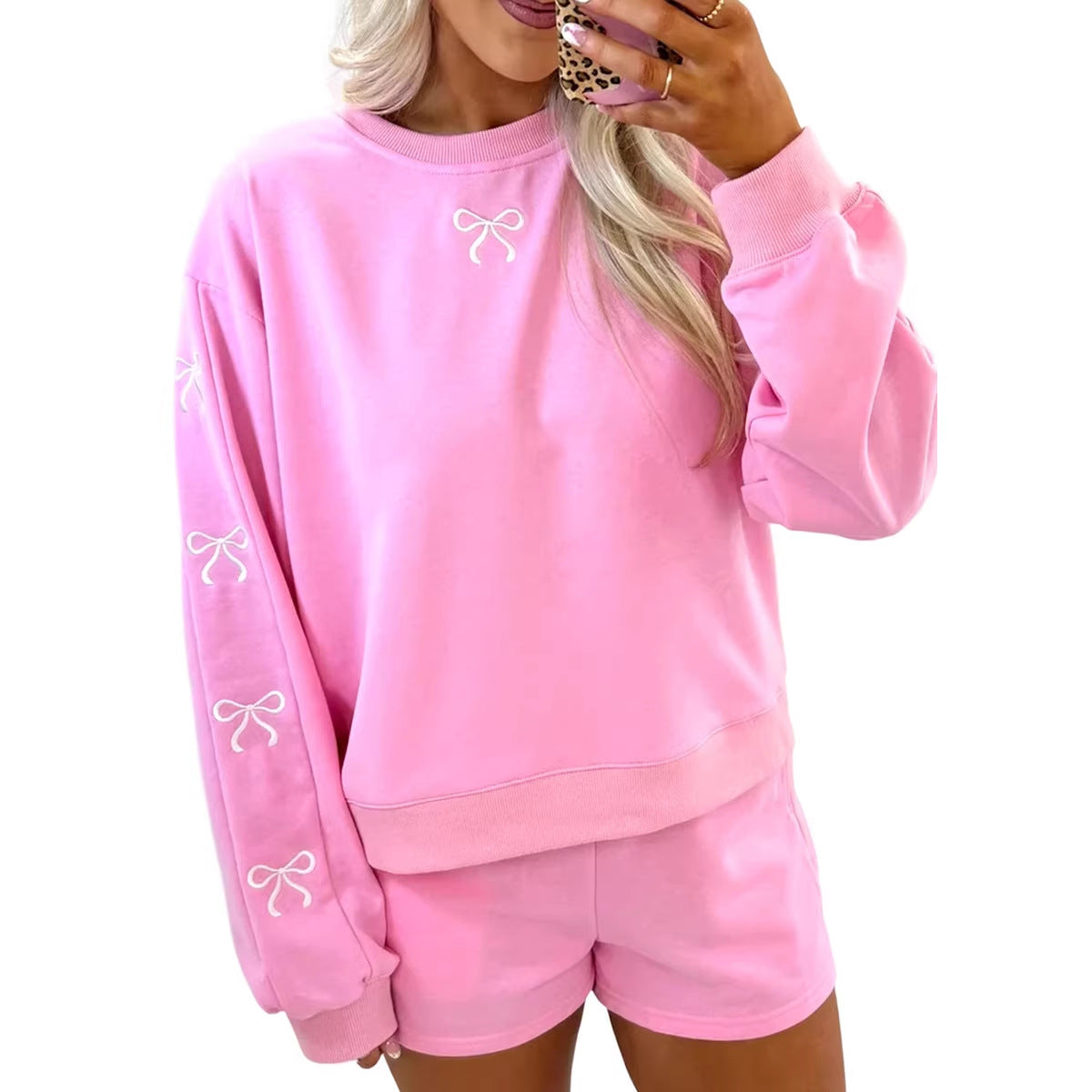 Women's cozy lounge sweat set with shorts and embroidered bows Chichicherry