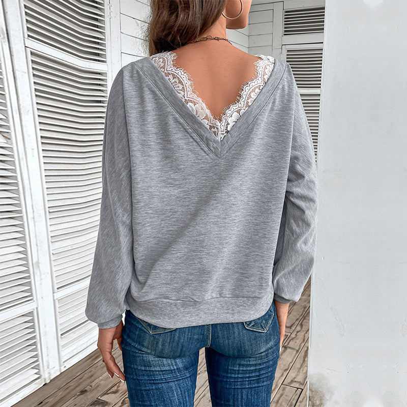 Women's Oversized Wrap Long Sleeve with Lace Trim and Wide Sleeve