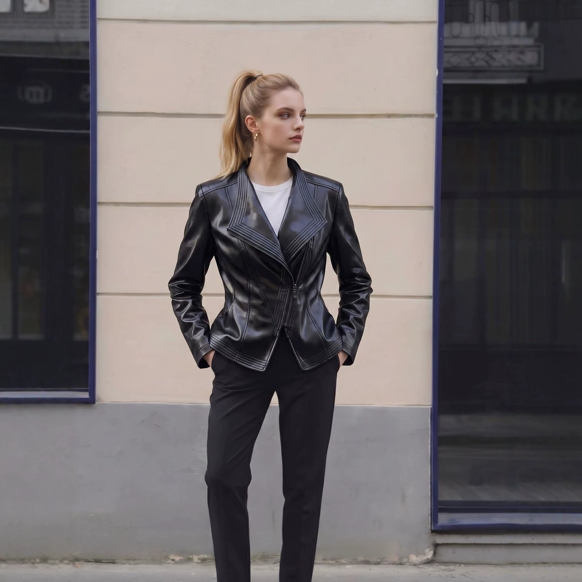 Women's Tailored Faux Leather Jacket with Asymmetrical Zipper and Decorative Stitching Chichicherry