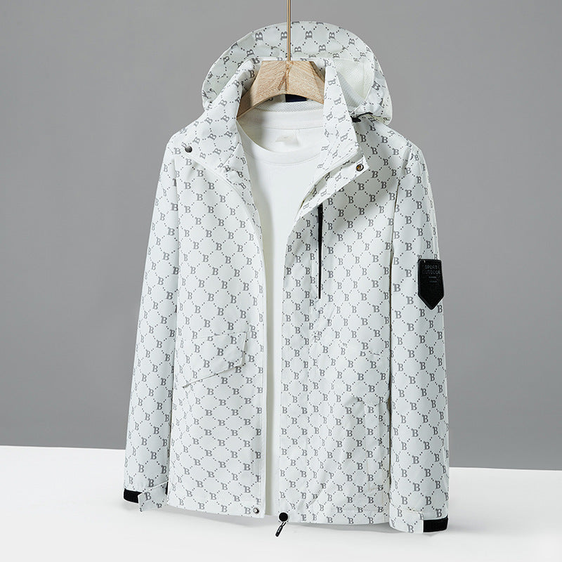 Men's lightweight water-repellent hooded jacket with all-over logo pattern, windproof shell, and practical pockets Chichicherry