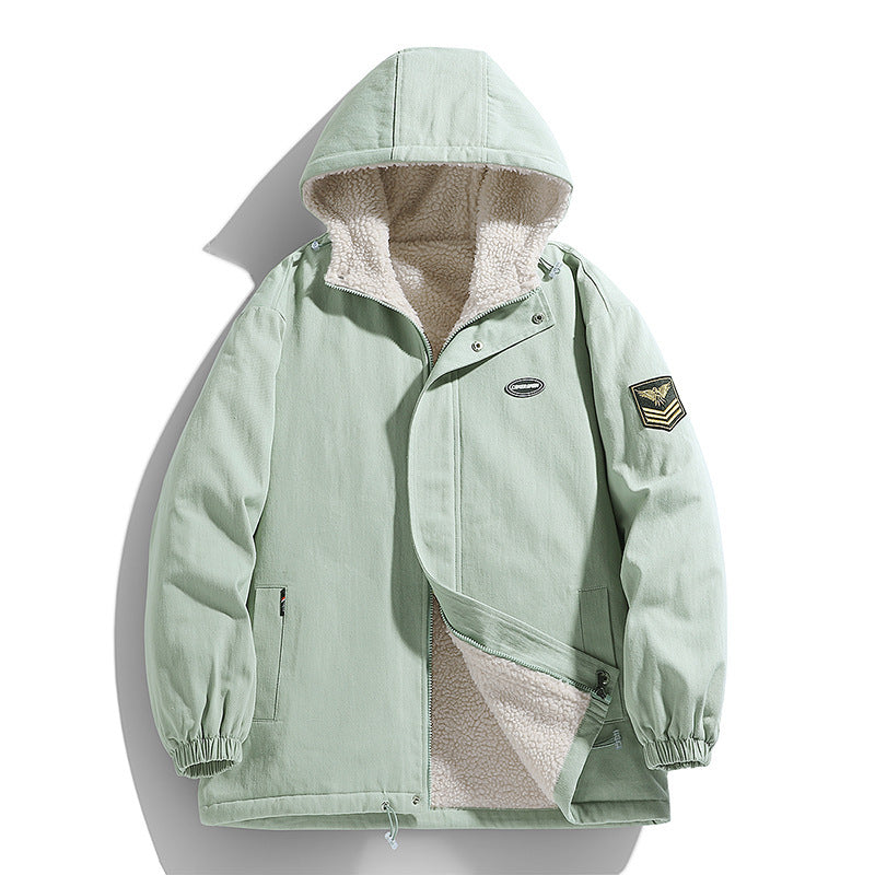 Men's Hooded Canvas Parka with Teddy Fleece Lining and Military Patch Chichicherry