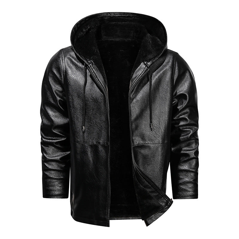 Men's faux leather hoodie jacket with teddy fleece lining and slim silhouette Chichicherry