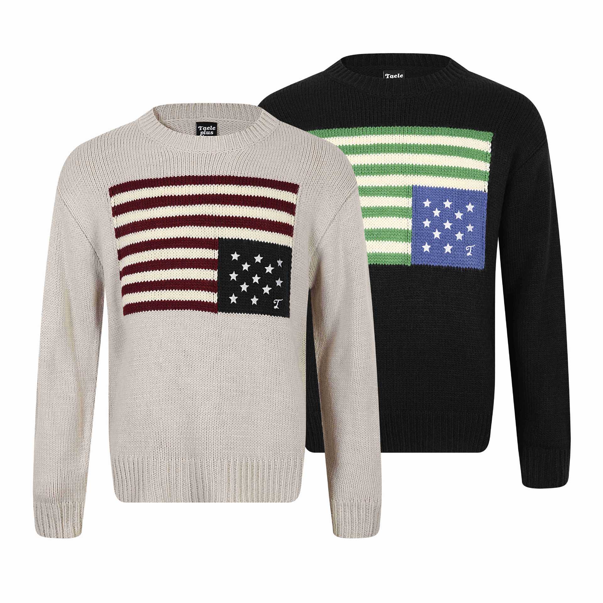 Women's Coarse Knit Round Neck Sweater with Flag Intarsia and Ribbed Cuffs Chichicherry