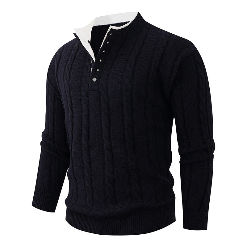 Men's Structured Cable Knit Sweater with Button Placket and Stand Collar Chichicherry