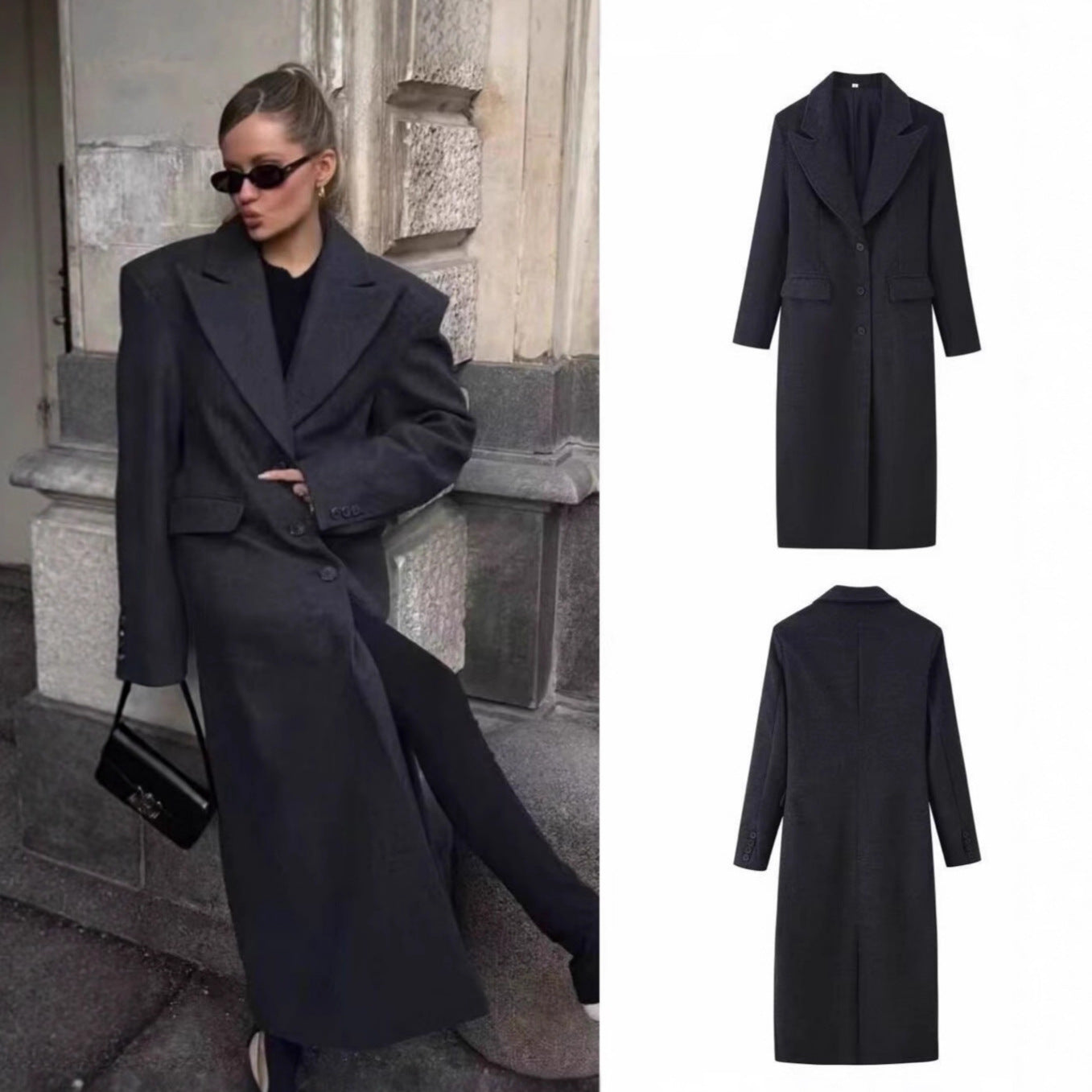 Women Longline Wool Blend Coat with Distinctive Lapels, Tailored Darts, and Flap Pockets Chichicherry
