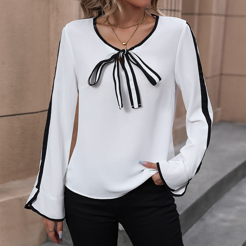 Women's Elegant Viscose Bow Blouse with Contrast Piping and Striped Sleeves Chichicherry