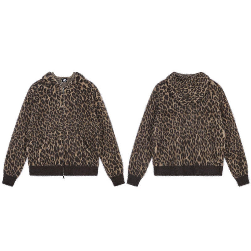 Women's Cozy Cardigan with Zipper and Leopard Jacquard Chichicherry