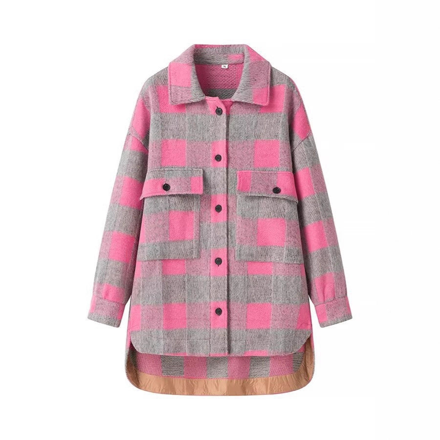 Women's Oversized Shirt Jacket in Check with Large Flap Pockets and Curved Hem Chichicherry