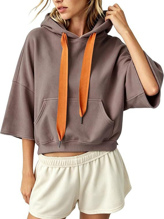 Women's Cropped Hoodie with 3/4 Sleeves and Kangaroo Pocket Chichicherry