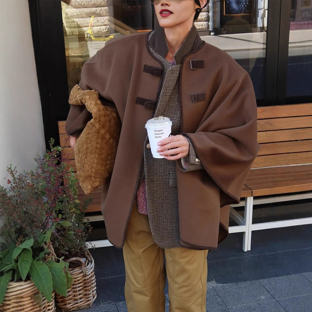 Women's Oversize Cape Coat made of wool blend with high stand-up collar and leather tabs Chichicherry