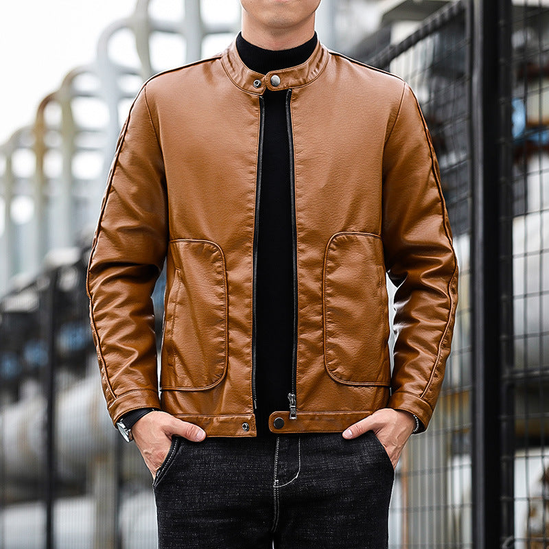 Men's Faux Leather Blouson with Stand Collar, Zipper and Patch Pockets Chichicherry