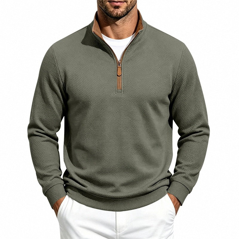 Men's Texture Half-Zip Pullover with Stand Collar and Contrast Inner Collar Chichicherry
