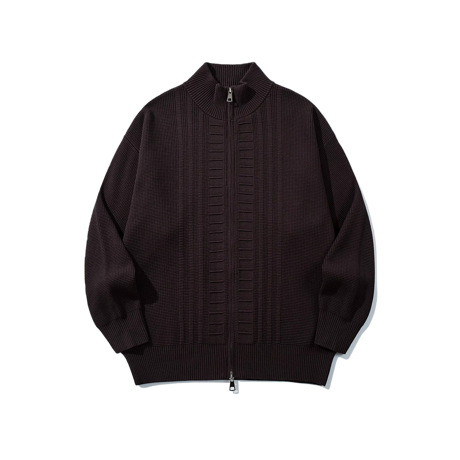 Men's chunky knit zip jacket with stand-up collar and two-way opening zipper Chichicherry