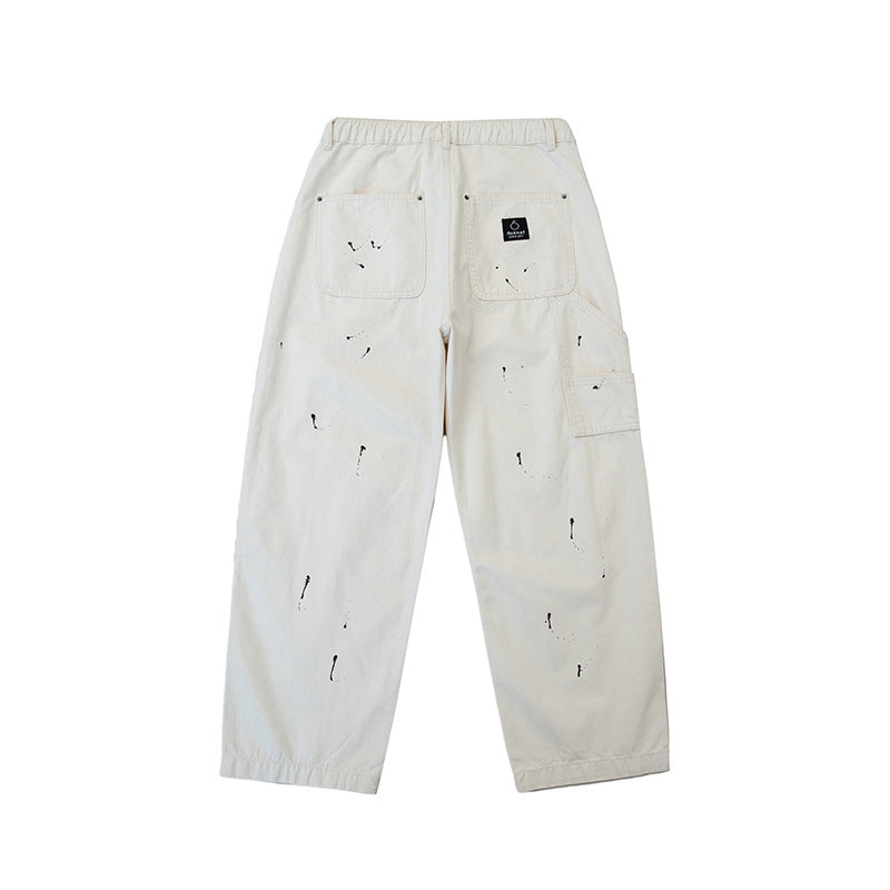 Unisex Wide Canvas Pants with Elastic Waistband, Drawstring, and Paint Splatter Details Chichicherry