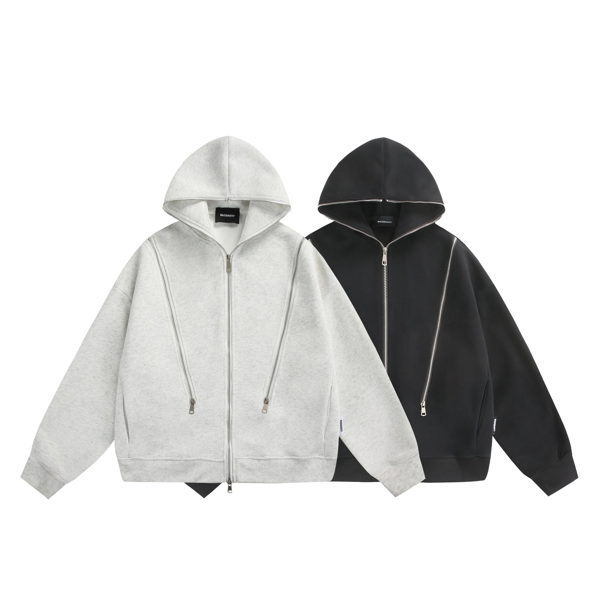 Unisex Hooded Sweat Jacket with Double Zipper and Decorative Seam Panel Chichicherry